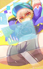 miaoema, thunder kitty wattson, wattson (apex legends), apex legends,  absurdres, highres, 1girl, animal ear headphones, animification, arms up,  blonde hair, blue eyes, blue headwear, breasts, cat ear headphones, fake  animal ears, glass,