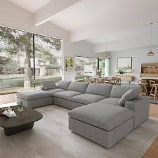 J E Home 160 In Square Arm 4 Piece U Shaped Linen Modular Free Combination Sectional Sofa With Ottoman In Gray