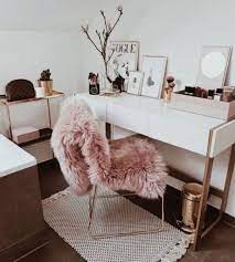 new bedroom pink gold white desk space
