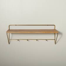 Wood Brass Wall Shelf With Hooks
