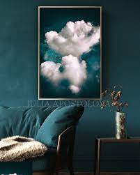 Canvas & framed wall art. Cloud Painting Print Dreamy Cloudscape Abstract Dark Teal Wall Art Canvas Large Trendy Cloud Art Teal Wall Art Huge Wall Art Cloud Painting