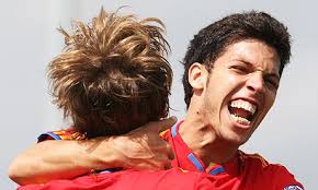Daniel Pacheco of Spain, right, celebrates scoring his side&#39;s first goal against England with team-mate Sergio Canales. Photograph: David Vincent/AP - Daniel-Pacheco-Sergio-Can-005