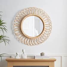 Round Rattan Beige Framed Wall Mirror