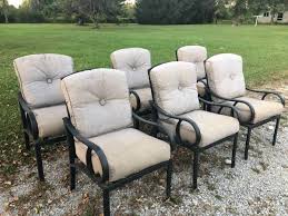 Six Metal Patio Chairs With Cushions