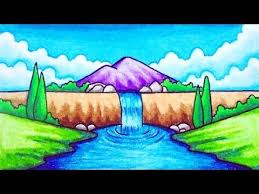 Using a chalk brush tip, create a ledge that will contain the type of waterfall you are going for. How To Draw Easy Scenery Drawing Waterfall Scenery Step By Step With Oil Pastels Youtu Landscape Drawing Easy Scenery Drawing For Kids Easy Scenery Drawing