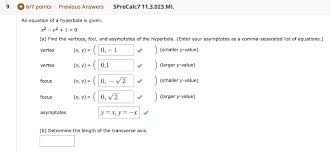 Solved An Equation Of A Hyperbola Is