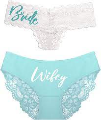 Bride Panties for Wife - SET OF 2: Aqua Blue Sparkle Glam Bride White  Stretch Lace Thong & White Wifey Aqua Lace Inset Bikini Panty - Bride Panty  - Small at Amazon Women's Clothing store