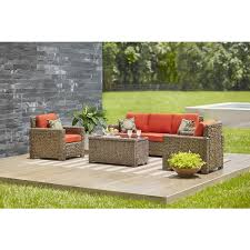 Hampton Bay Na Point 4 Piece Brown Wicker Outdoor Patio Deep Seating Set With Cushionguard Quarry Red Cushions
