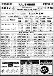 Rajshree Lottery Sambad 15 9 2019 Today Result 11 55 Am 4 Pm