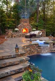 Backyard Fireplace With Hot Tub Pool