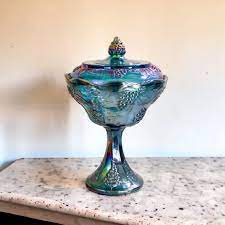 Blue Carnival Glass Candy Dish With Lid
