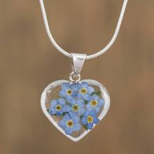 Handmade jewelry by smile with flower. Unicef Market Heart Shaped Natural Flower Pendant Necklace From Mexico Blue Flowery Heart