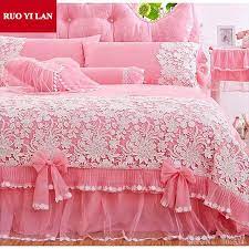 white pink korean princess bedding set