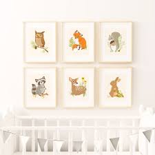 Wall Art Set 6 Prints Owl Fox Squirrel