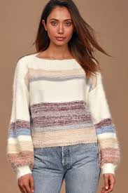 Hilda Cream Multi Striped Eyelash Knit Sweater
