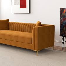 Ashcroft Furniture Co Kali 91 In W Square Arm Velvet Mid Century Modern Style Sofa Couch In Cognac Brown Seats 3