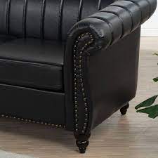 sumyeg 32 5 in round arm rolled arm pu leather chesterfield 3 seater curved sofa with reversible cushions in black