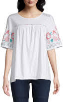 Womens Round Neck Elbow Sleeve Embellished Embroidered Peasant Top