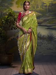 awesome green zari weaving silk wedding wear saree with blouse un sched