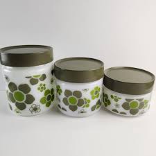 Green Flower Mcm Milk Glass Canisters