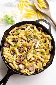 Stir salt and pepper into whipped cream cheese spread; Chicken Sausage Penne Skillet