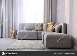 living room interior large grey sofa