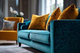 a blue sofa with yellow cushions and a