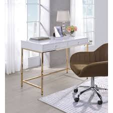 Corner computer desk white wooden small table study workstation desktop laptop. Two Drawers Wooden Desk With Tubular Metal Base White And Gold On Sale Overstock 28554061