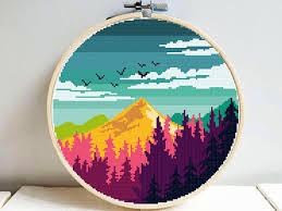 Mountain Landscape Modern Cross Stitch Pattern Easy Counted