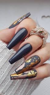 Top 22 styles in pictures 16. Trendy Fall Nail Designs To Wear In 2020 Dark Blue With Gold Foil Accent