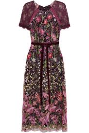 Lace Paneled Velvet Trimmed Bow Embellished Embroidered Tulle Midi Dress