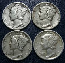 Lot 4 Nice 1940s Mercury Dime Coins 1941 42 43 44 Old Silver
