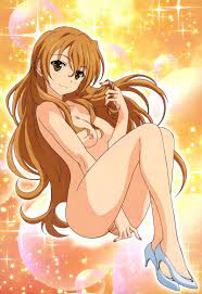 fujii masahiro, kaga kouko, golden time, highres, nude filter, third-party  edit, 1girl, between legs, blush, breasts, brown eyes, cleavage, cleft of  venus, closed mouth, collarbone, completely nude, feet, fingernails, full  cleft, hair