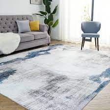 Amazon.com: OIGAE 可水洗地毯8x10 抽象現代地毯,附防滑背襯、不脫落地墊適用於客廳臥室廚房洗衣房家庭辦公室白色藍色: 居家與廚房