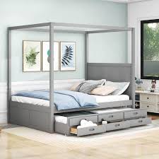 Gray Wood Frame Queen Size Canopy Bed