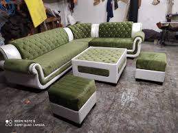 l shape wooden white and green sofa set