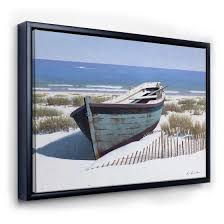 Blue Boat On Beach Canvas Wall Art