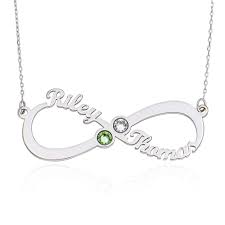 infinity name necklace with birthstones in 10k white gold