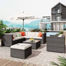 Sireck Gray 8 Piece Wicker Metal Outdoor Sectional With White Cushions