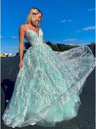 A Line Spaghetti Straps Lace Up Floor Length Light Blue Lace Prom Dress 169 99 Only Romprom Com