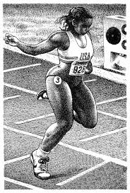 Beautiful woman with powerful legs finishing a race Robert Crumb.