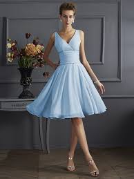 Chiffon V Neck Knee Length Light Sky Blue Bridesmaid Dresses Veroella