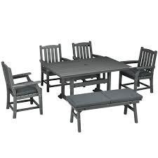 Outsunny 6 Pieces Patio Dining Set 6 Seater Outdoor Table And Chairs Loveseat With Umbrella Hole Gray