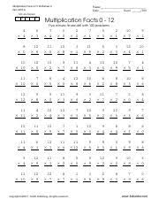multiplication facts 0 12 worksheet a