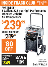 Harbor freight carries top quality air compressor and inflators from fortress and mcgraw, and central pneumatic. Fortress 5 Gallon 1 6 Hp 225 Psi Oil Free Professional Air Compressor For 239 99 Harbor Freight Coupons