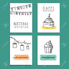 Set Of Hand Drawn Birthday Party Cards Invitations With Doodle