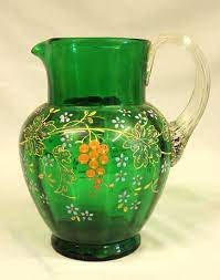 antique green glass decorated jug