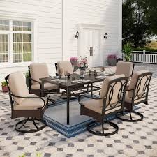 Phi Villa 7 Piece Metal Black Outdoor Dining Set With Beige Cushions With 6 Swivel Dining Chairs And Dining Table