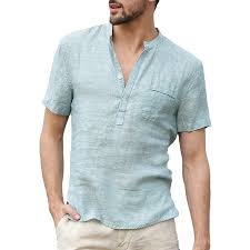 Mens Summer V Neck Traditional Shirts Linen Short Sleeve Soft Tee Tops