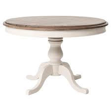 Farmhouse dining tables typically feature natural wood or distressed paint finishes. Lavesque French Country White Reclaimed Wood Round Dining Table 41 D 50 D Kathy Kuo Home